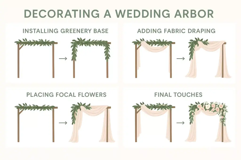 Step-by-step guide showing decorating a wedding arbor with greenery, fabric draping, and flowers.