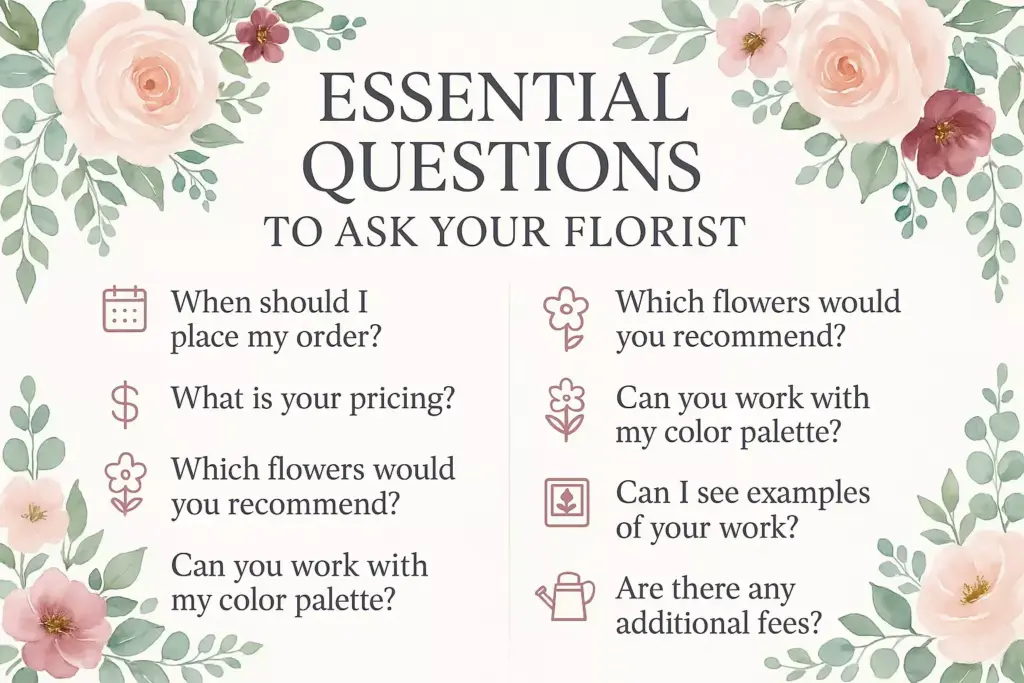 Floral-themed infographic listing essential questions to ask your florist, surrounded by pink and peach flowers.