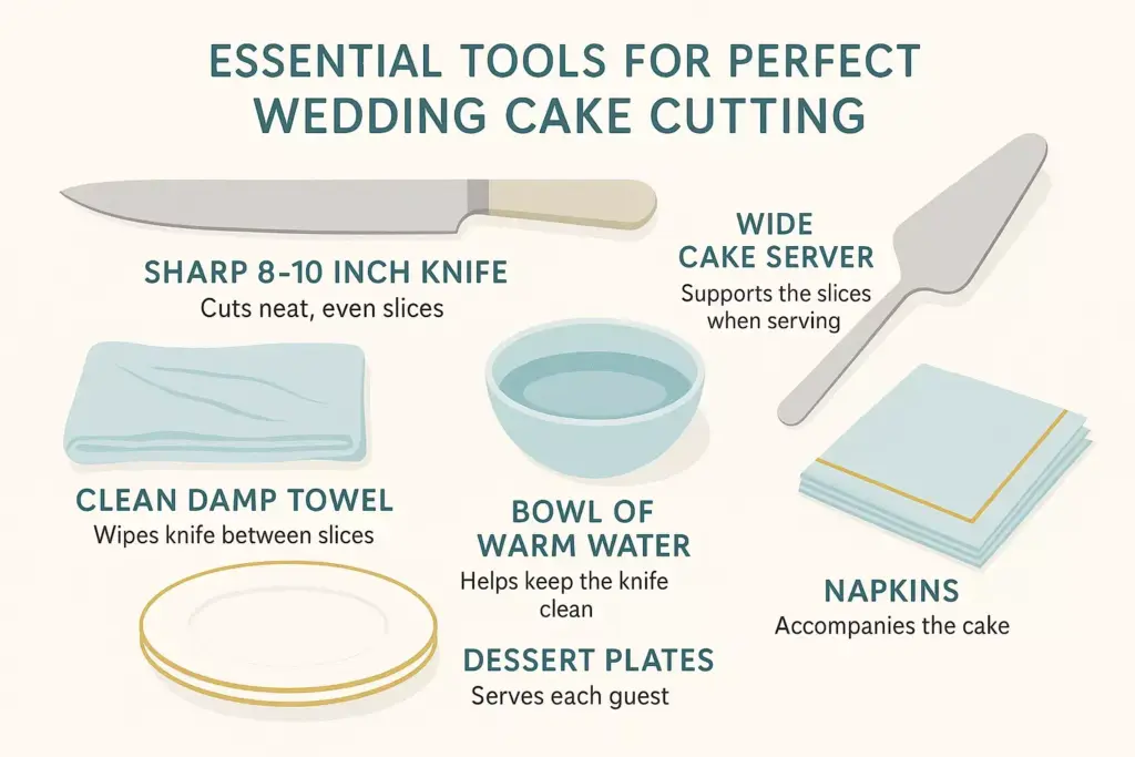 Infographic showing essential wedding cake cutting tools: knife, cake server, towel, water bowl, plates, and napkins.