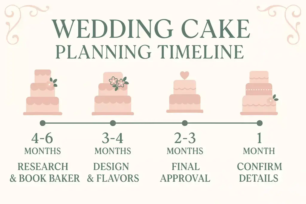 Wedding cake planning timeline with cake icons for each stage: research, design, approval, and confirming details.