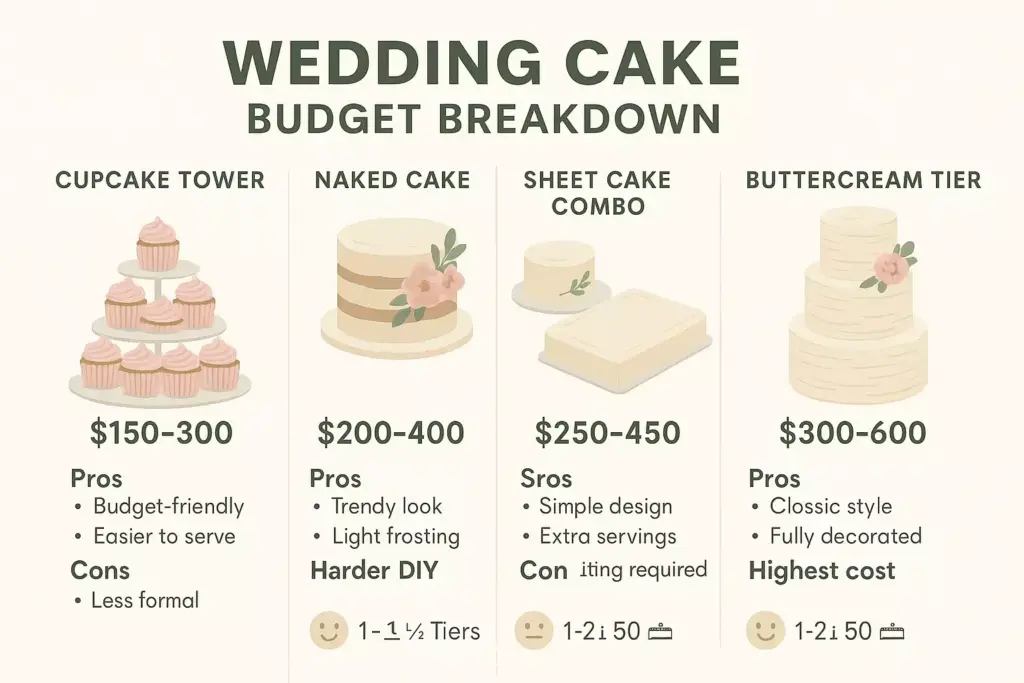 Infographic comparing cupcake, naked, sheet, and buttercream wedding cakes by price, pros, cons, and servings.