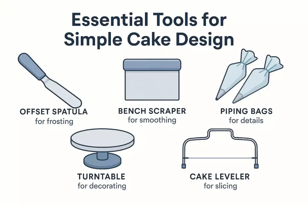 Illustration of five cake decorating tools: offset spatula, bench scraper, piping bags, turntable, cake leveler.