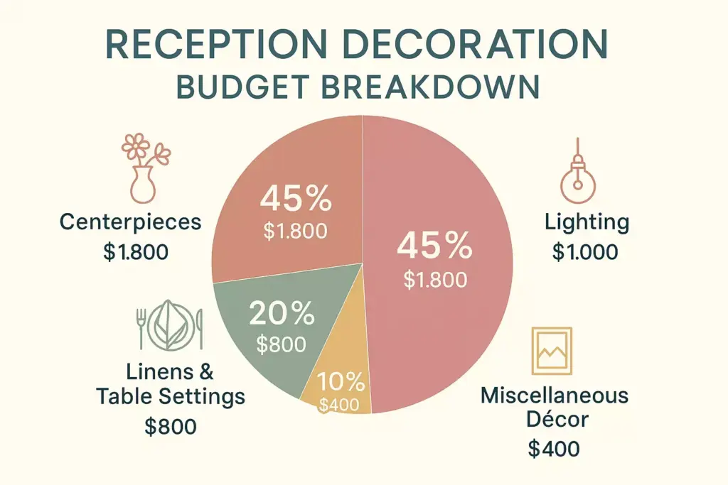 Pie chart showing reception decoration budget: 45% each for centerpieces & lighting, 20% linens, 10% miscellaneous.