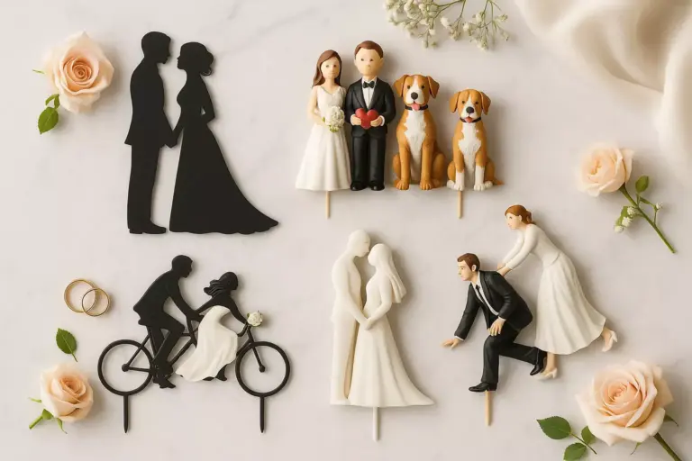 Assorted wedding cake toppers with couples, dogs, roses, and wedding rings on a white surface.