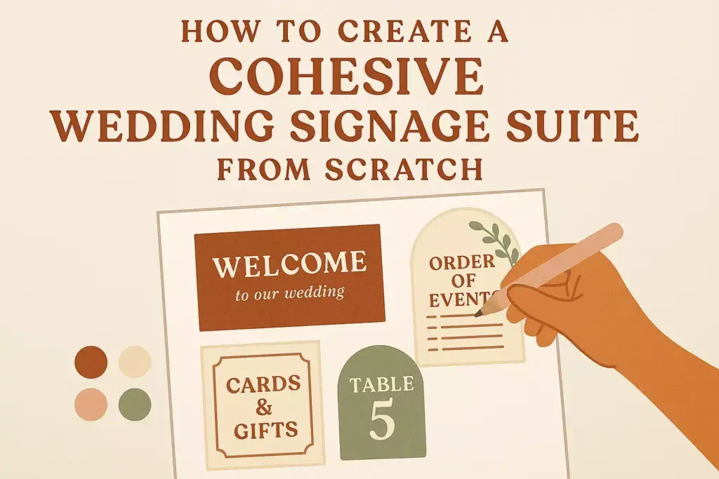 Illustration of a hand designing wedding signs with text: How to create a cohesive wedding signage suite from scratch.