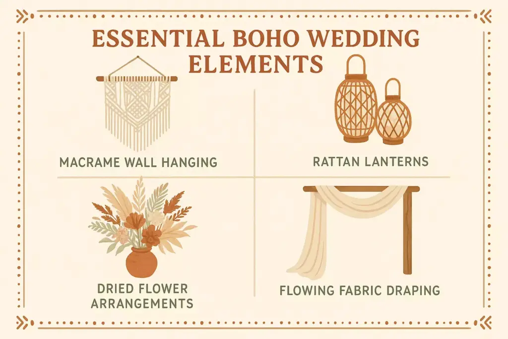 Infographic showing four essential boho wedding elements: macrame wall hanging, rattan lanterns, dried flowers, fabric draping.