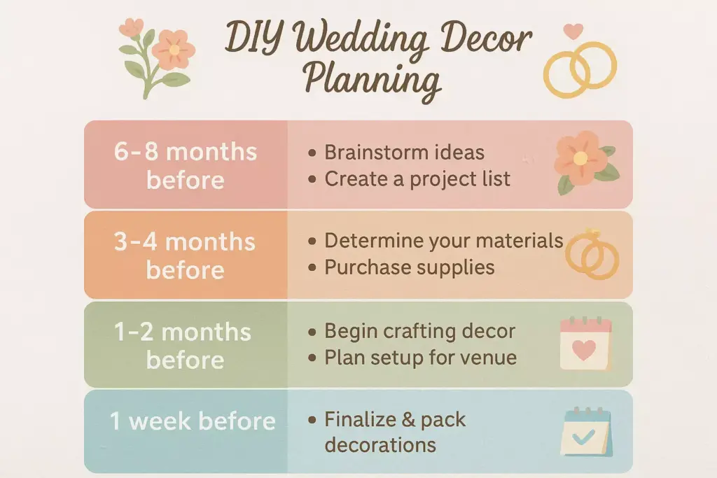 DIY wedding decor planning timeline with milestones listed for 6-8, 3-4, 1-2 months, and 1 week before.