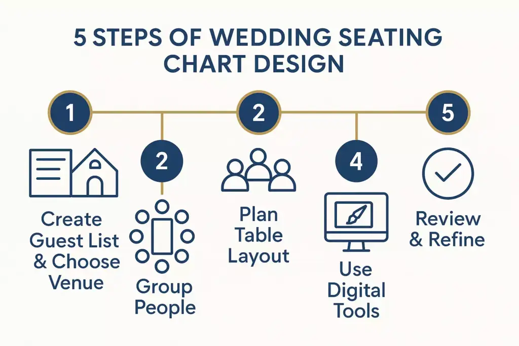 Infographic showing 5 steps of wedding seating chart design with icons for each step and brief descriptions.