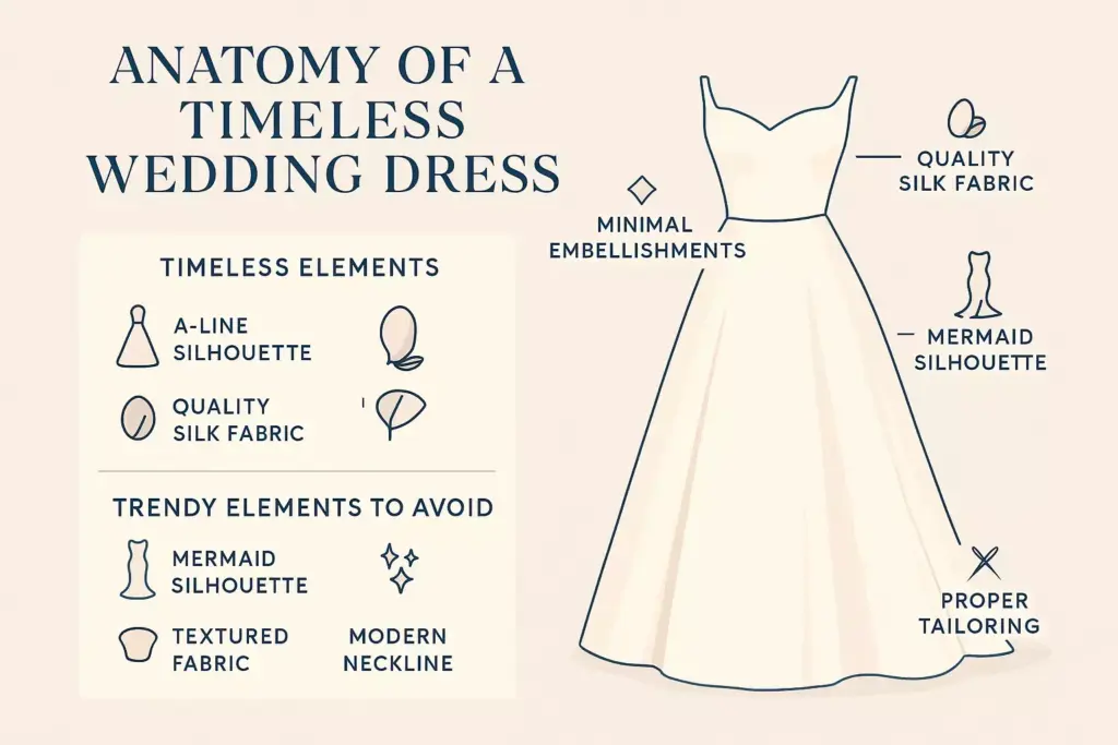 Diagram of a wedding dress with notes on timeless and trendy design elements like silhouette and fabric quality.