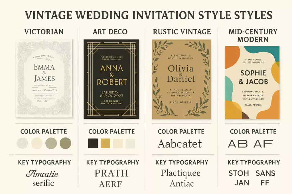 Four vintage wedding invitation designs with different styles, color palettes, and typography samples.
