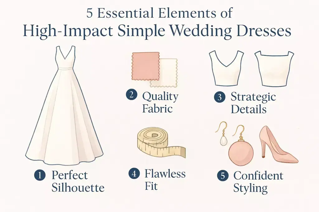 Infographic showing 5 key features of high-impact simple wedding dresses with related icons.