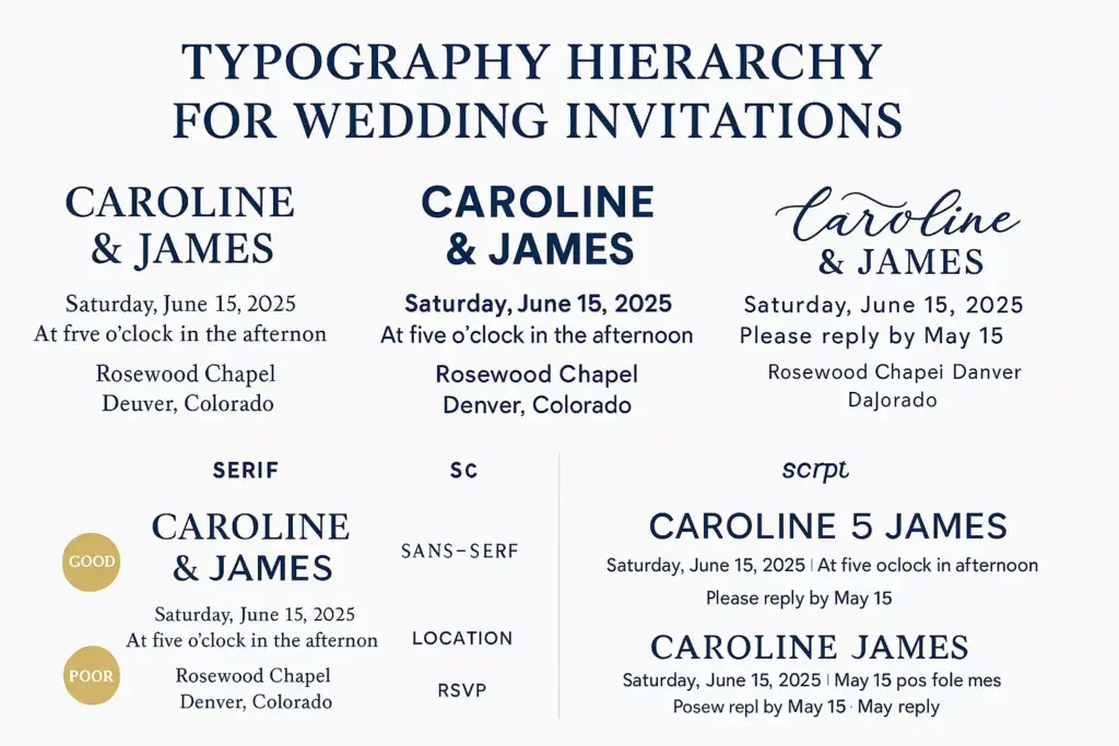 Infographic showing different font styles and hierarchies for wedding invitations using the names Caroline & James.