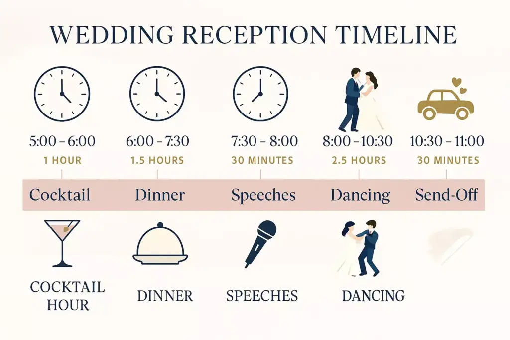 Wedding reception timeline with clocks and icons for cocktail, dinner, speeches, dancing, and send-off.