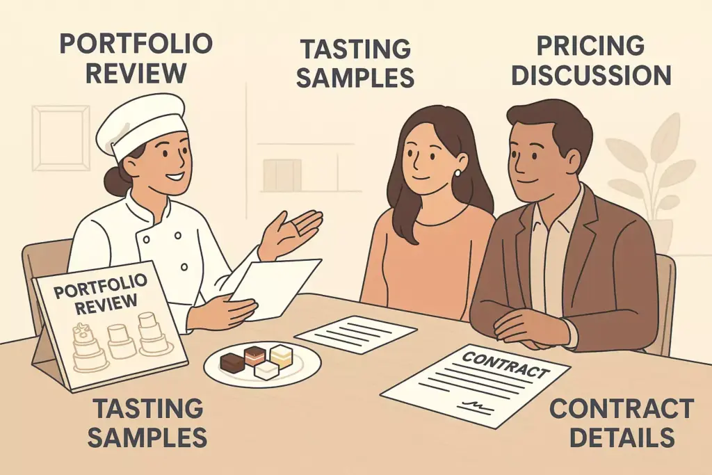 A chef discusses cake samples and contracts with a couple at a table labeled with cake consultation steps.