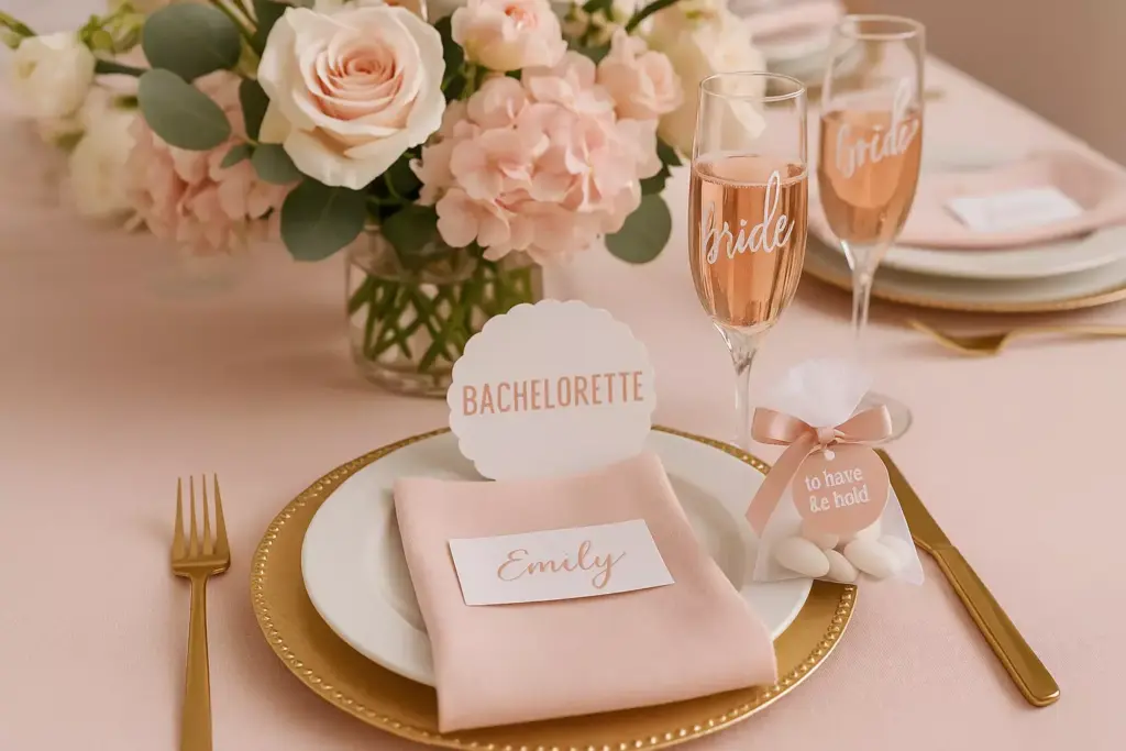 Elegant bachelorette table setting with pink roses, gold cutlery, and a name card reading Emily.