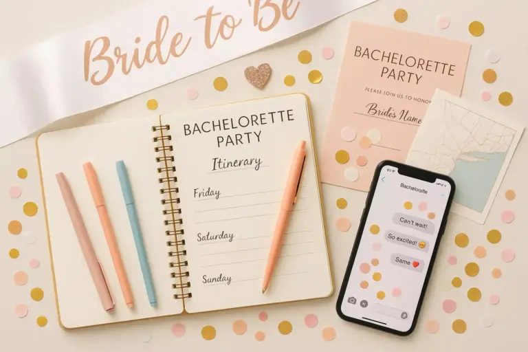 Open notebook with bachelorette party itinerary, pens, phone, sash, invitation, and confetti on a table.