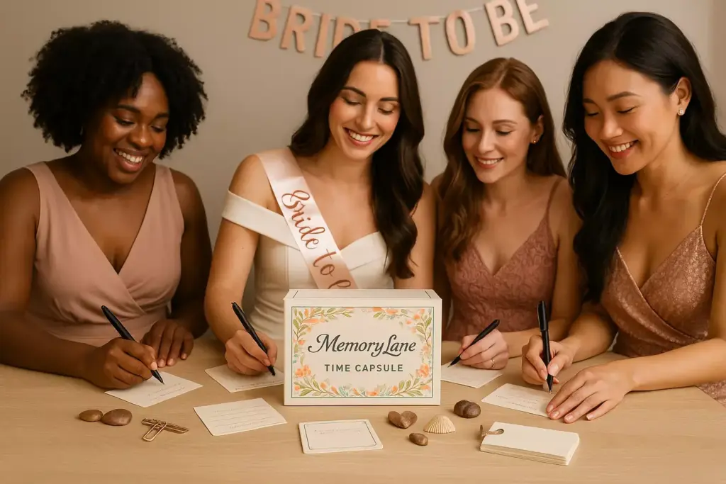 Four women at a bridal shower write notes for a Memory Lane Time Capsule box, smiling together at a table.