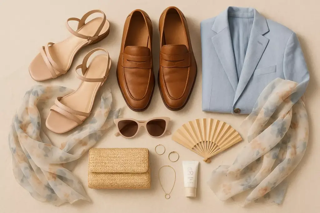 Flat lay of neutral accessories, shoes, sunglasses, a blue blazer, and a light floral scarf on a beige background.