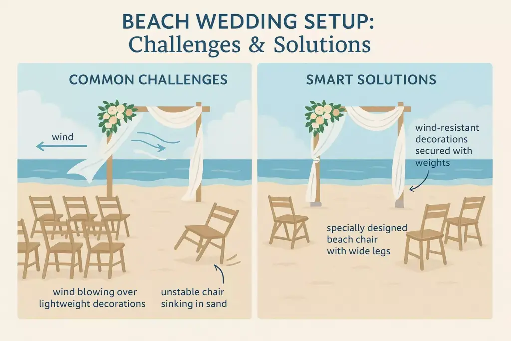 Two panels show beach wedding setup challenges and solutions, like wind-resistant décor and stable wide-leg chairs.