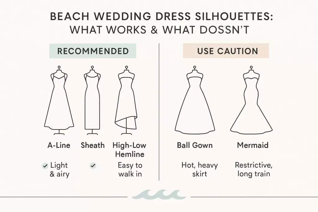 Infographic comparing recommended and cautioned beach wedding dress silhouettes with simple dress illustrations.