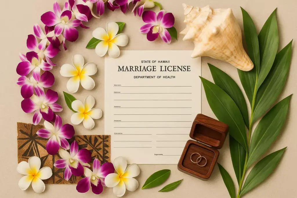 Hawaii marriage license with tropical flowers, leaves, a conch shell, and wedding rings in a box.