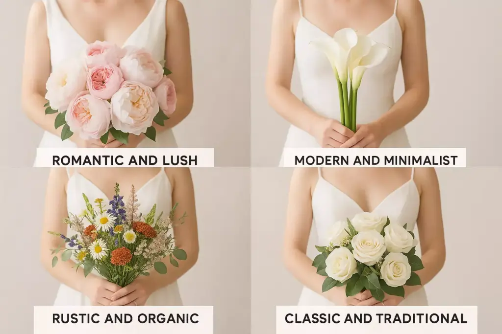 Four women in white dresses each holding different wedding bouquets with style labels: romantic, modern, rustic, classic.