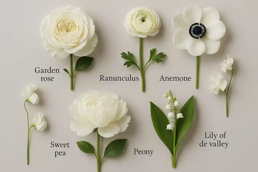 Six types of white flowers labeled: garden rose, ranunculus, anemone, sweet pea, peony, lily of the valley.