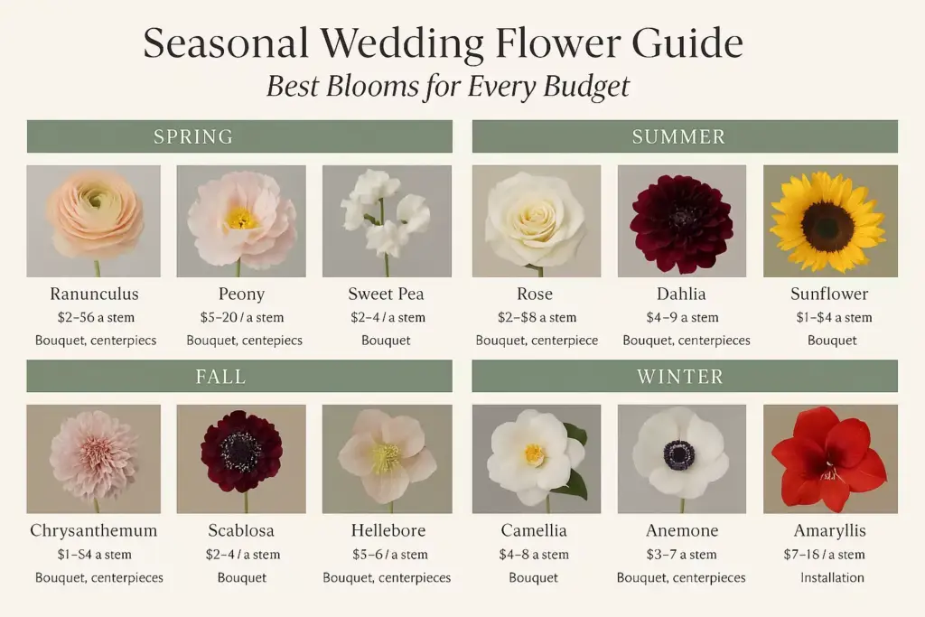 Seasonal wedding flower guide chart showing best bloom options for each season with flower images and prices.