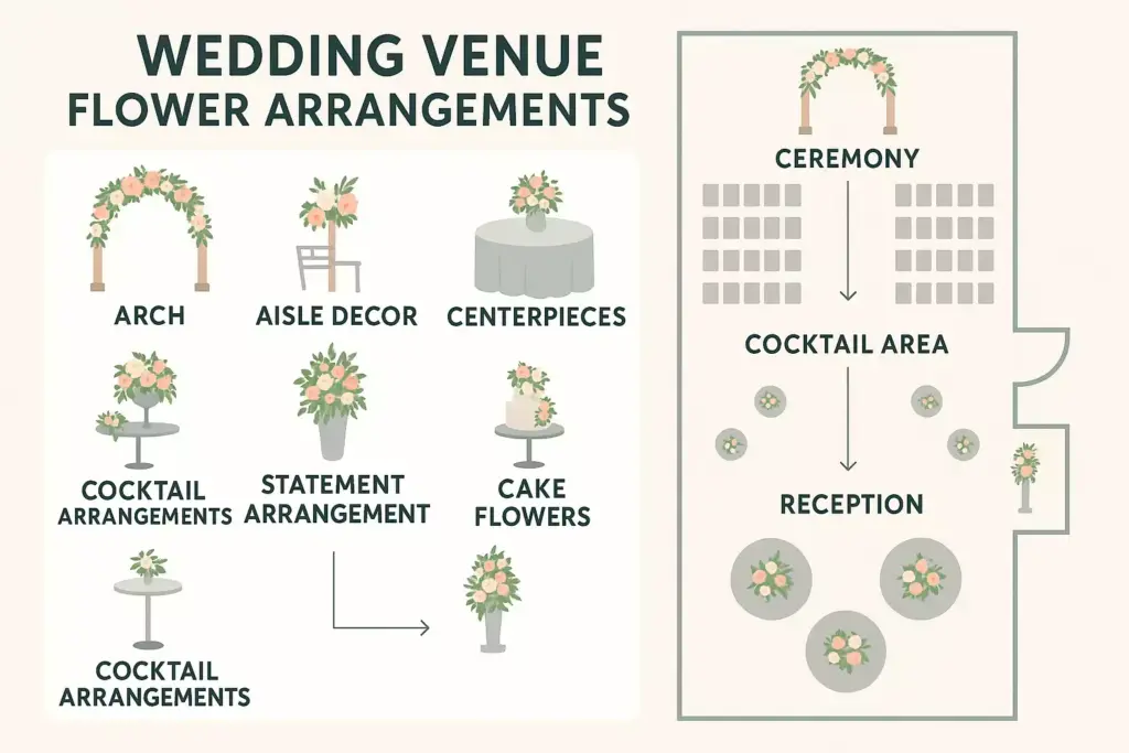 Diagram of wedding flower arrangements with labeled examples and a layout for ceremony, cocktail, and reception areas.