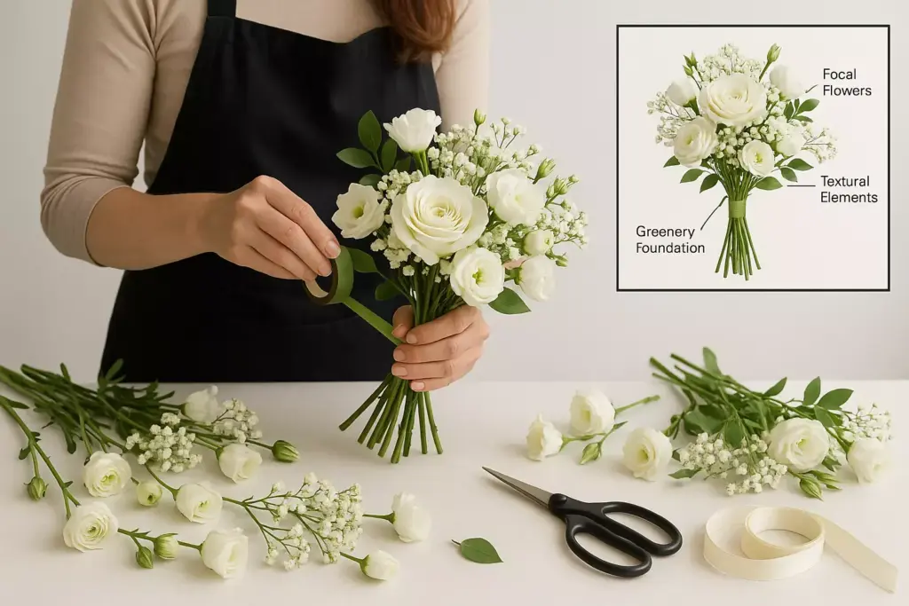 Person arranging a white flower bouquet on a table with scissors and tape; bouquet diagram inset.