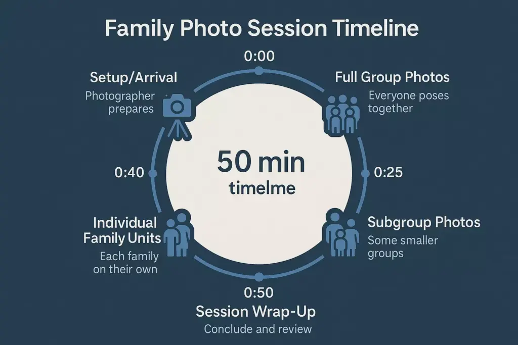 Infographic of a 50-minute family photo session timeline with setup, group, subgroup, individual, and wrap-up steps.