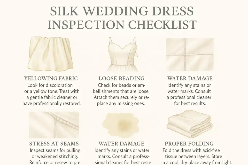 Silk wedding dress inspection checklist with icons for fabric yellowing, beading, water damage, seams, and folding.