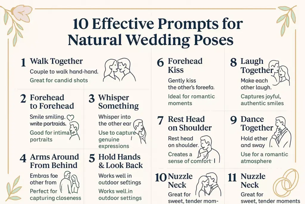 An infographic lists 10 prompts for natural wedding poses, each with brief descriptions and icons.