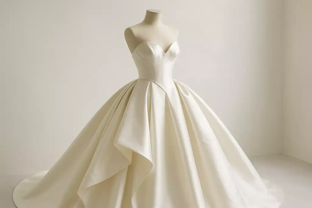 A strapless ivory ball gown wedding dress displayed on a mannequin in a minimal, light-filled room.
