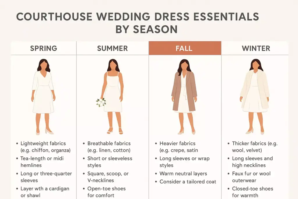 Four illustrated women in seasonal courthouse wedding outfits with clothing tips listed for spring, summer, fall, and winter.