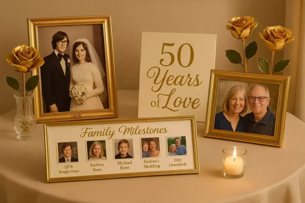 A golden 50th anniversary display with family photos, milestone timeline, gold roses, and a lit candle.