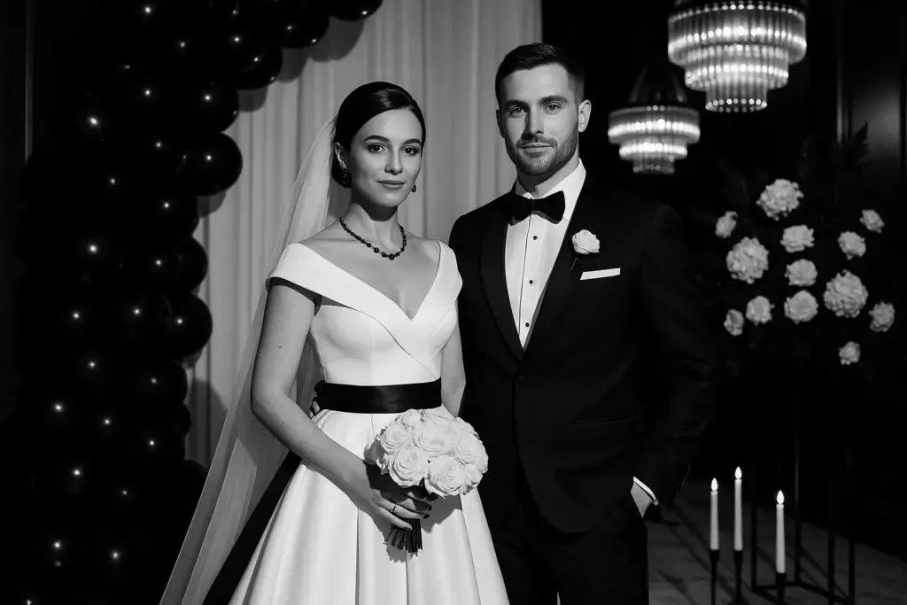A bride and groom in formal attire stand together at an elegant indoor wedding ceremony.