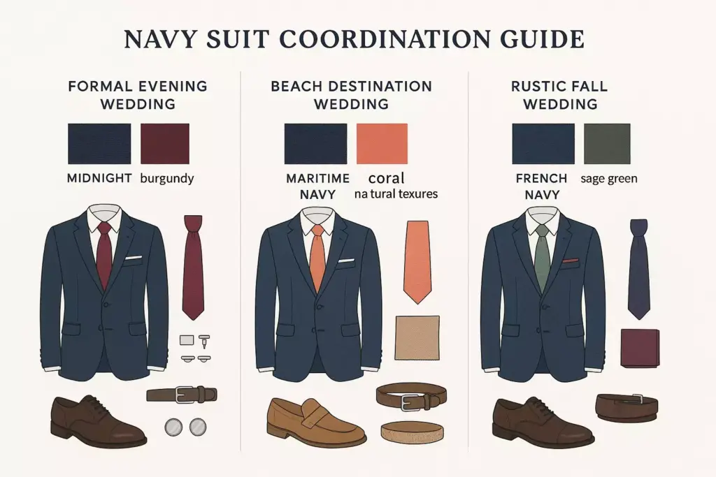 Navy suits styled for formal, beach, and rustic weddings with color and accessory suggestions.