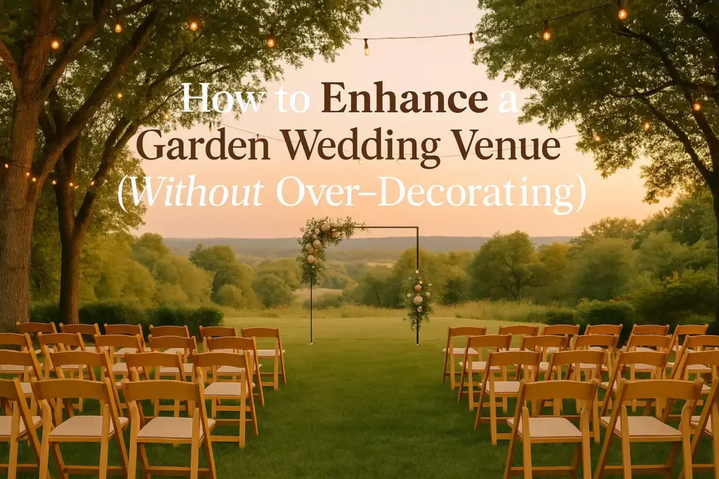 Wooden chairs face a floral arch in a scenic garden wedding venue at sunset, with string lights overhead.