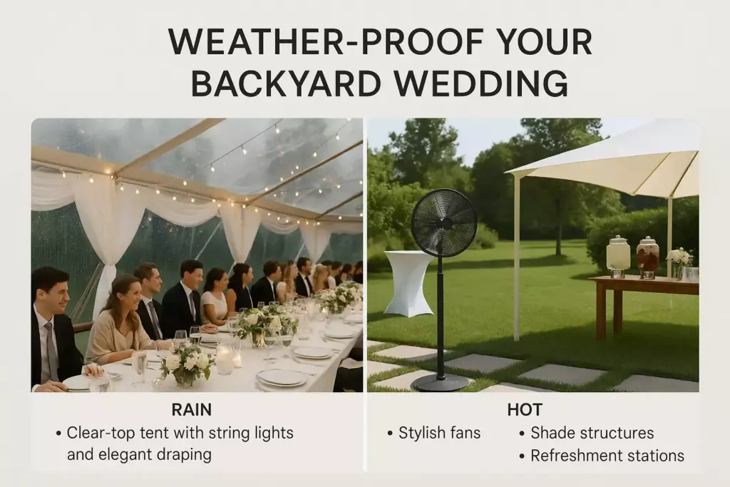 Split image: Left—guests dine under a clear tent with string lights; Right—outdoor fan, shade, and refreshment area.