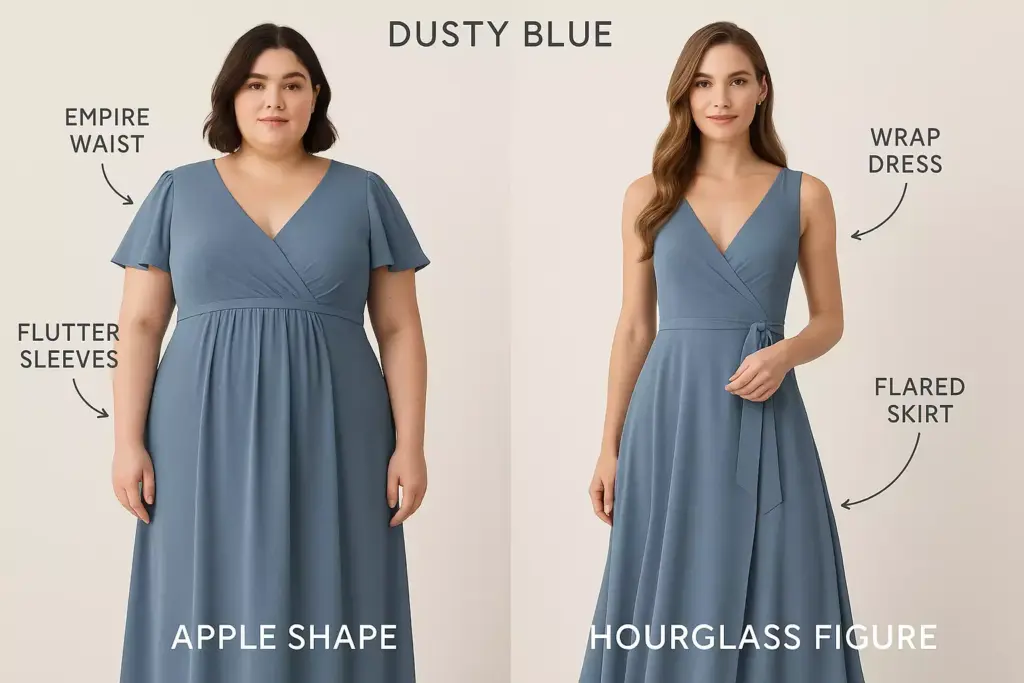 Two women in dusty blue dresses, labeled apple shape and hourglass figure, with dress features highlighted.