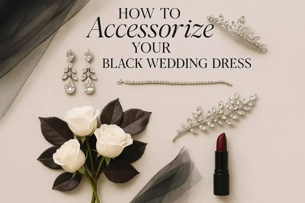 Flat lay of jewelry, white roses, lipstick, and text: How to accessorize your black wedding dress.