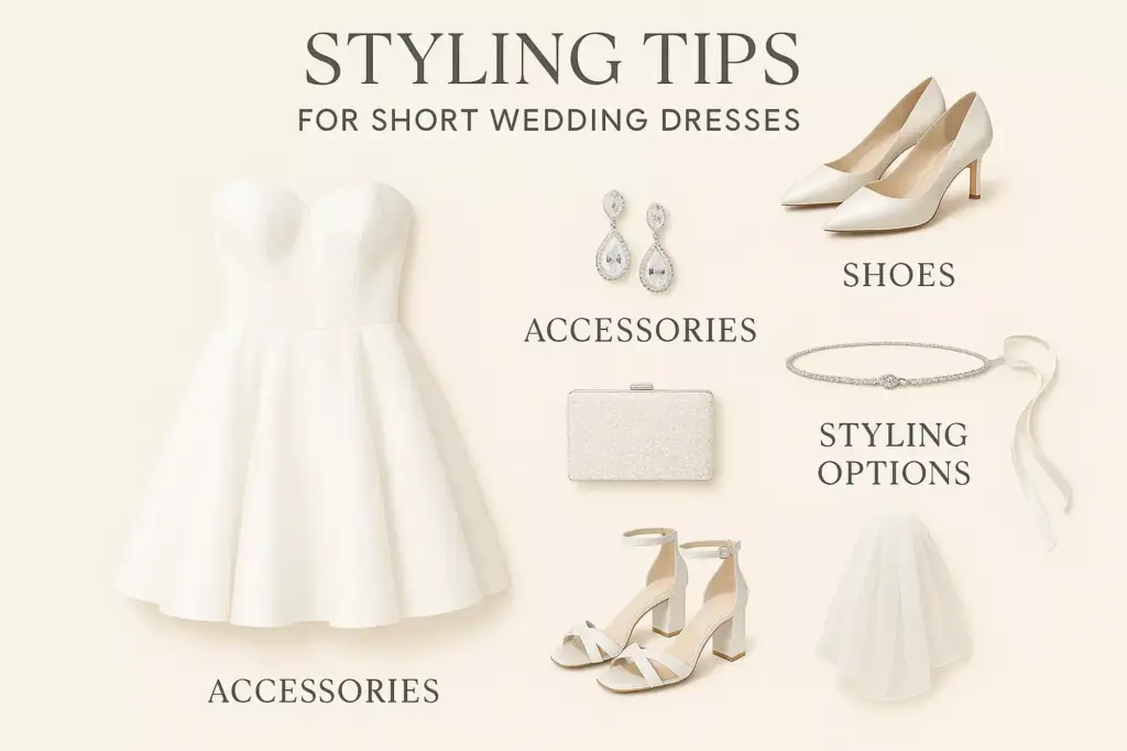 Styling tips for short wedding dresses with dress, shoes, earrings, clutch, necklace, and veil shown.