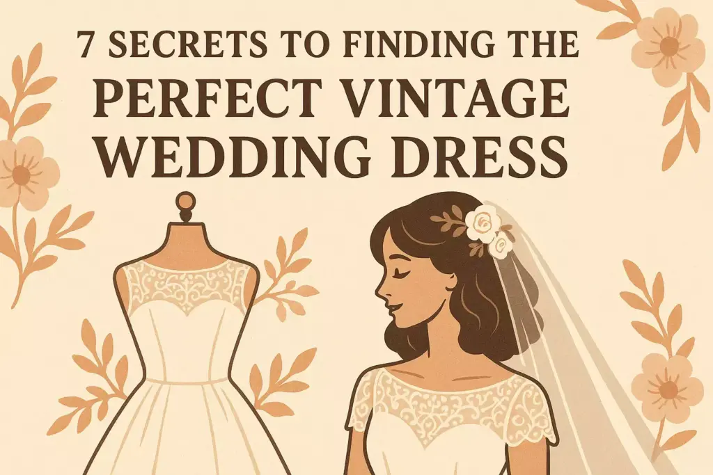 Illustration of a bride and a wedding dress mannequin with the title 7 Secrets to Finding the Perfect Vintage Wedding Dress.