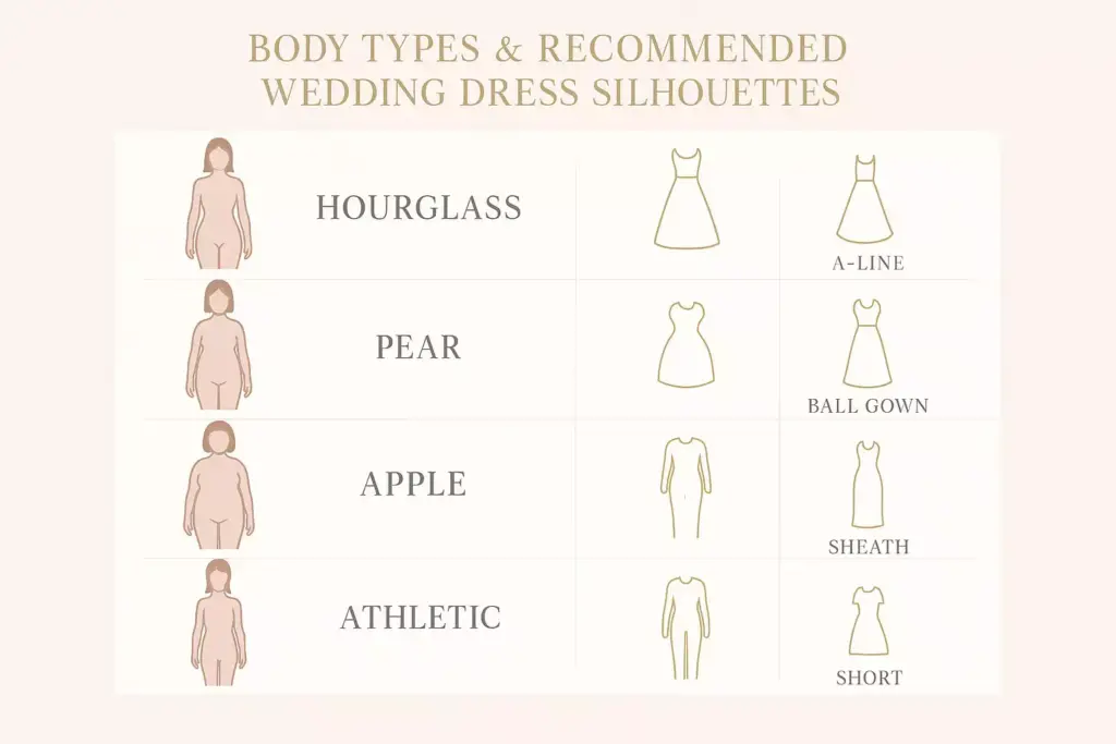 Chart matching body types (hourglass, pear, apple, athletic) with recommended wedding dress silhouettes.