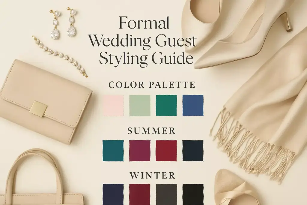 Accessories and shoes in beige tones arranged around a color palette for summer and winter wedding guest outfits.