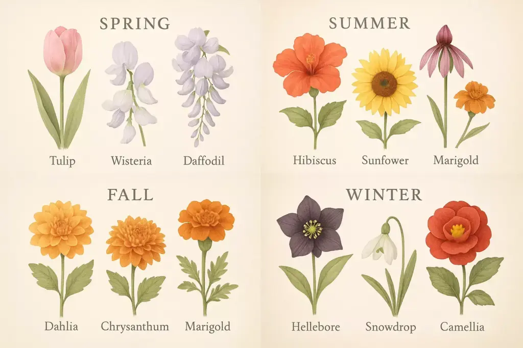 Illustrations of flowers by season: spring, summer, fall, and winter, with labels for each flower type.