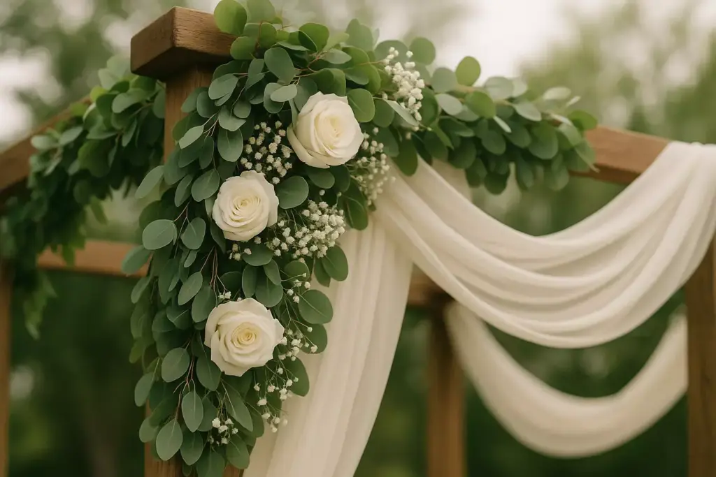 Wooden arch decorated with white roses, greenery, and flowing white fabric, outdoors.