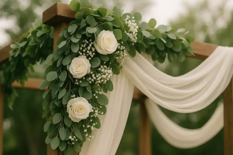 Wooden arch decorated with white roses, greenery, and flowing white fabric, outdoors.