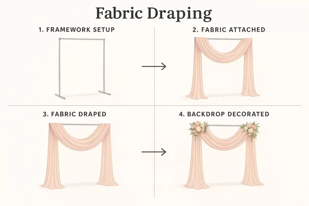 Step-by-step guide showing how to drape and decorate fabric on a backdrop framework with flowers.